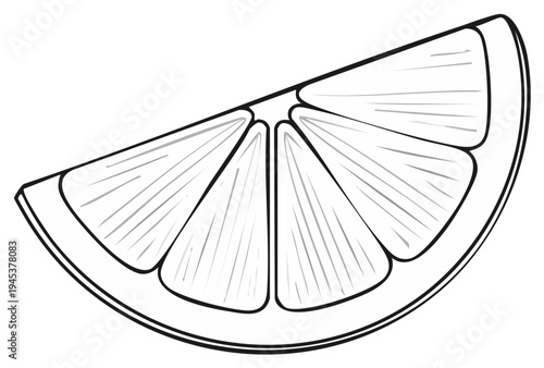 Black and white line art illustration of a single citrus fruit wedge for a coloring page