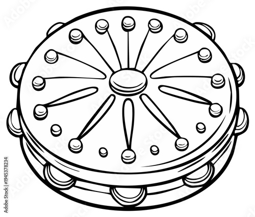 Illustration of a tambourine musical instrument in black and white