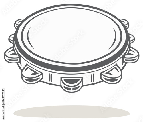 Isolated Black and White Tambourine Illustration with Shadow
