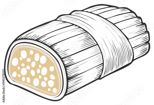 Vector illustration of a tamale wrapped in corn husks with a cross-section showing filling