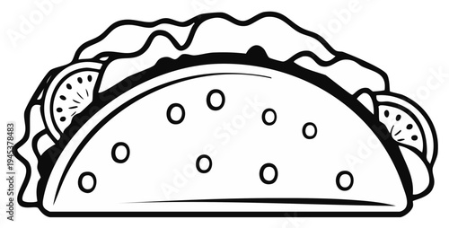 Black and white illustration of a delicious taco with fillings