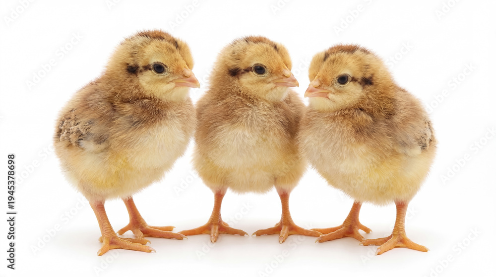 Fototapeta premium Three fluffy baby chicks isolated on white background.