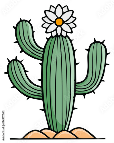 Cartoon cactus with white flower and spikes against a neutral background