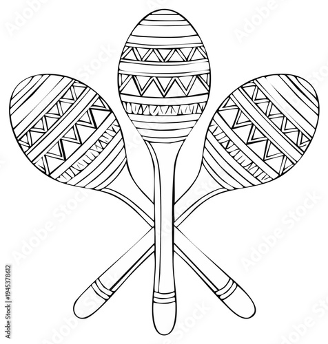 Three decorative maracas with tribal patterns in black and white line art