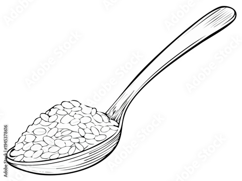 Black and white line art of a kitchen spoon filled with small cereal grains
