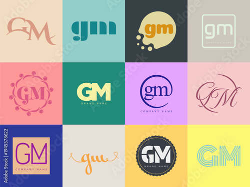 GM logo company template. Letter g and m logotype. Set different classic serif lettering and modern bold text with design elements. Initial font typography.