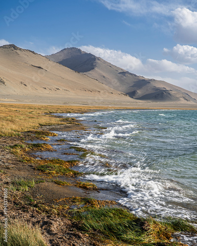 Vertical summer mountain landscape view of high altitude Karakul lake shore, Murghab, Gorno-Badakhshan, Tajikistan Pamir