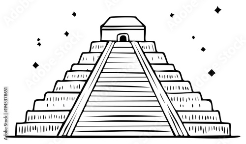 Line art illustration of pyramid, ancient Mayan stepped structure, isolated, history, monument, drawing