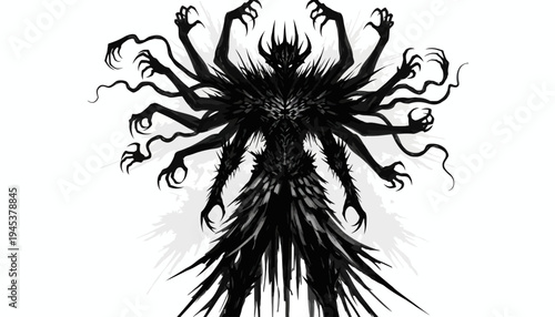 A dark creature with multiple tentacles and claws rising from the ground.