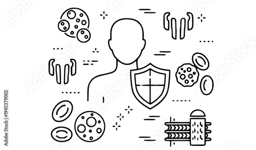 A vector graphic illustration of a person with a shield surrounded by bacteria and germs