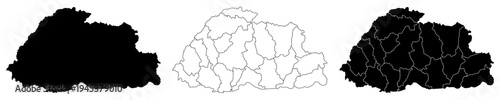 Bhutan map isolated on white background. Bhutan country map. Low detailed. Solid simple style. Bhutan map silhouette linear and black illustration. Black and white. Vector editable