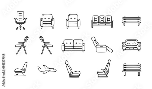 A set of minimalist line art icons depicting various furniture and vehicles