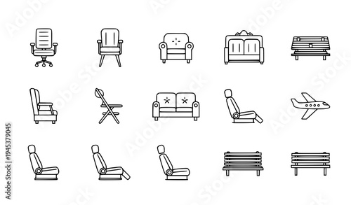A set of minimalist line art icons depicting various furniture and seating options