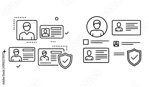 A vector graphic illustration of various identity verification icons and symbols
