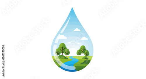 Illustration of a water drop with a scenic landscape and earth inside, symbolizing eco-friendly World Water Day concept in a vector design