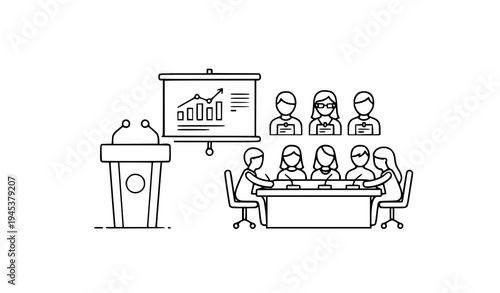 A minimalist line art illustration of a business presentation with people