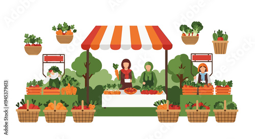 Colorful Market Stall with Fresh Vegetables and Plants in Outdoor Setting. Vector Illustrations. EPS Editable