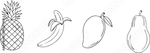 Hand drawn vector illustration of fresh corn and ripe fruit icons featuring apple, pear, and lemon symbols in a healthy green nature design for agricultural logos and sweet food art drawings