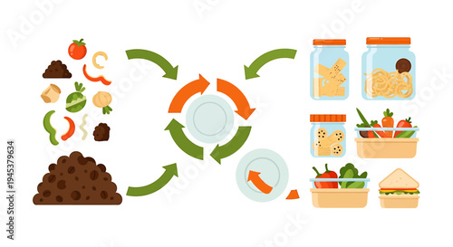 Comprehensive Illustration of Food Waste Recycling Process and Sustainable Practices. Vector Illustrations. EPS Editable