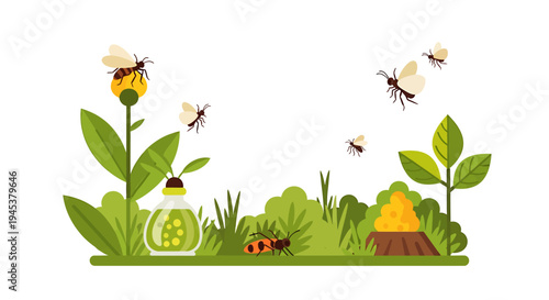 Cute Garden Scene with Bees Flowers and Insects Illustration. Vector Illustrations. EPS Editable