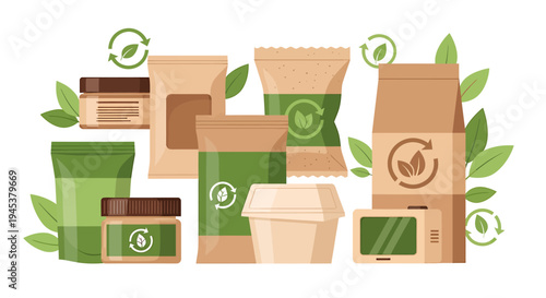 EcoFriendly Packaging Products Set with Recyclable Materials and Green Design Elements for Sustainable Packaging Solutions. Vector Illustrations. EPS Editable