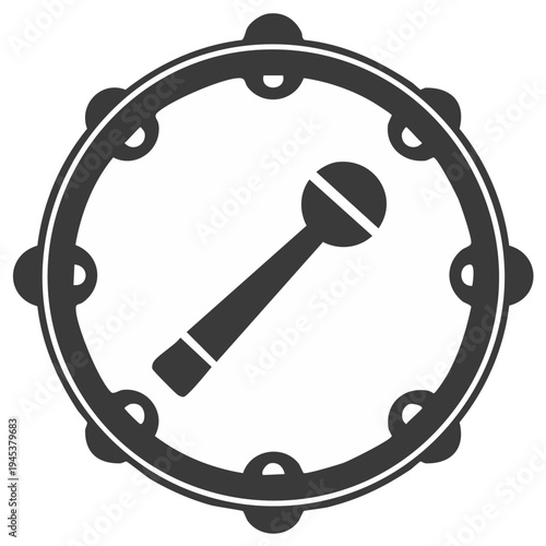 Minimalist graphic icon of a tambourine and drumstick, representing music and rhythm