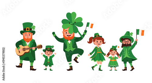 Festive St Patricks Day Celebration with Dancing and Music. Vector Illustrations. EPS Editable