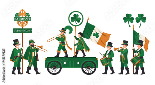 Festive St Patricks Day Parade with Participants in Green Attire and Shamrock Decorations. Vector Illustrations. EPS Editable