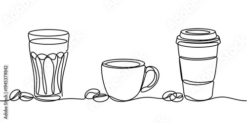 Continuous line coffee cups with beans minimalist cafe drink vector