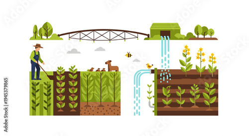 Illustration of Water Cycle and Irrigation Process in Agriculture. Vector Illustrations. EPS Editable