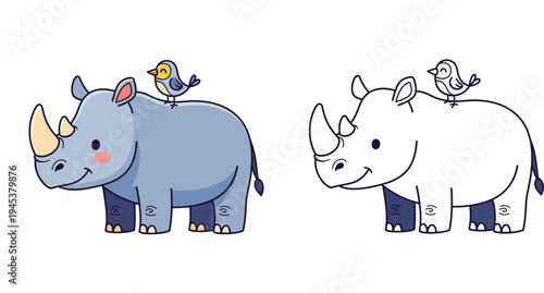 Cute cartoon rhino with little bird illustration and black and white line art for coloring book