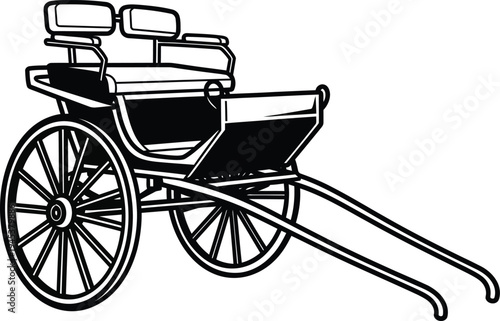 Detailed Black and White Illustration of a Classic HorseDrawn Carriage with Two Seats.