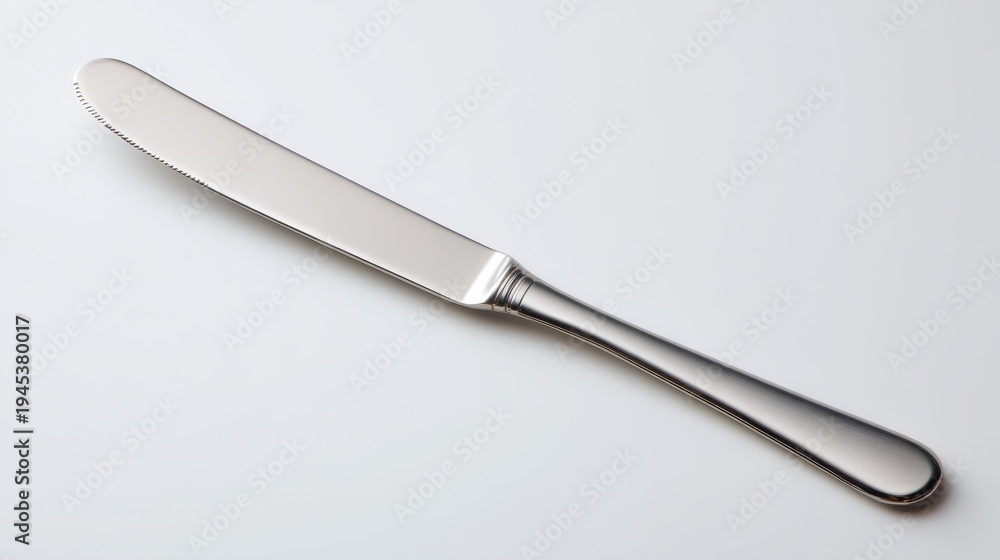Fototapeta premium Minimalist butter knife on a clean white surface, polished blade and satin handle