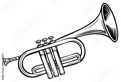 Line art drawing of a trumpet, brass musical instrument for orchestra, jazz band. Illustration for music education and lessons.