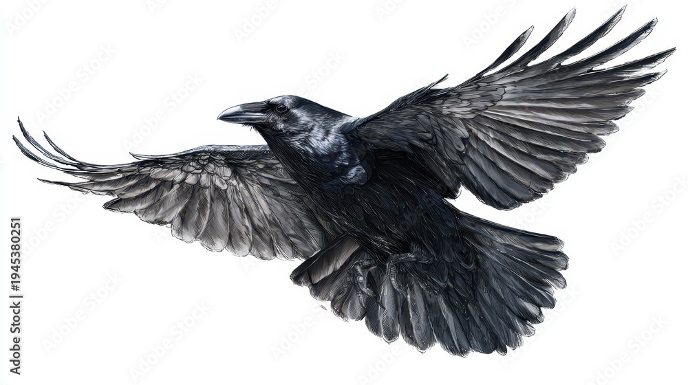 Naklejka premium Minimalist illustration of a raven in flight on a white background
