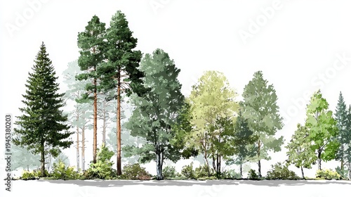 Minimalist forest line illustration on a pure white backdrop, clean studio look