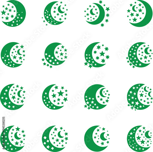 Green and white moon phase icons in various stages