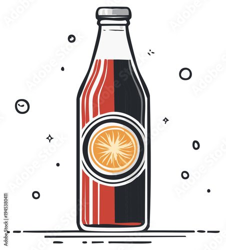 Bottle of refreshing drink with orange slice icon and red and black colors in cartoon style
