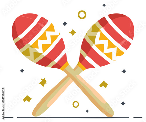 Two colorful maracas crossed with festive confetti and stars celebration