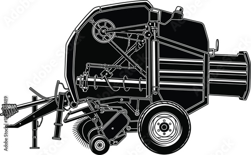 Detailed Black and White Illustration of a Farm Hay Baler Machine.