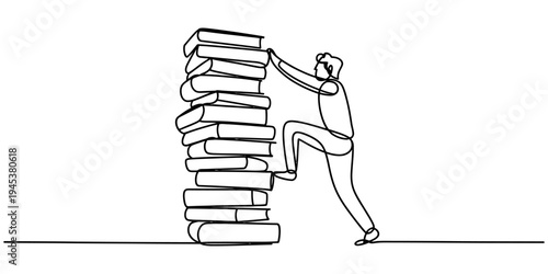 Continuous line man pushing stack books knowledge effort concept vector