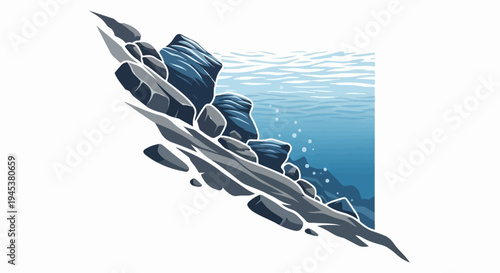Jagged rocks emerge from the tranquil, sunlit depths of clear blue water