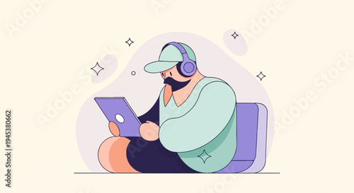 Minimalist illustration of a person with headphones using a tablet on a light background