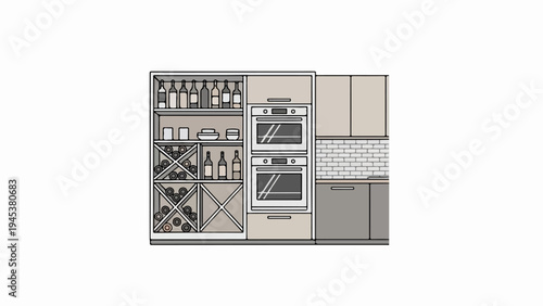 Modern kitchen with built-in ovens, wine rack, and cabinetry