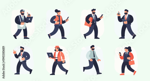 Modern professionals in motion, engaged with devices and briefcases