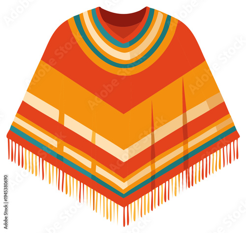 Mexican style striped poncho with bright colors and fringed hem vector illustration