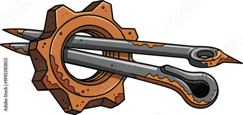 Rustic metal cog with two sharp pointed prongs and connecting rods