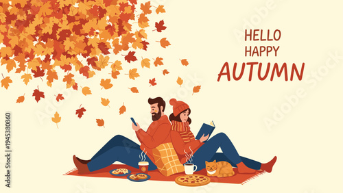 Young couple relaxes back to back on a cozy autumn picnic with warm coffee and pizza under falling golden maple leaves.