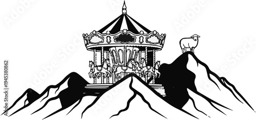 A whimsical carousel and a lone sheep stand atop stark, jagged mountains