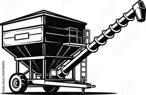 Detailed Black and White Illustration of a Grain Auger and Hopper.